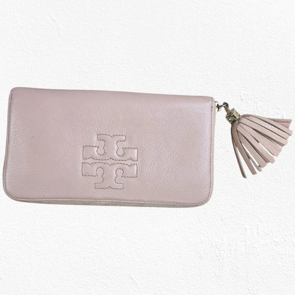 Tory Burch Amanda Blush Pink Pebbled Leather Zip Tassel Continental Wallet
